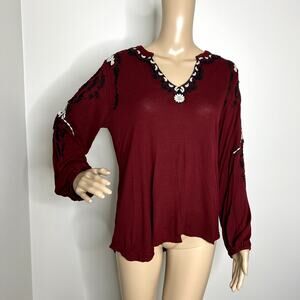 Lucky Brand Maroon Embroidered Peasant Top